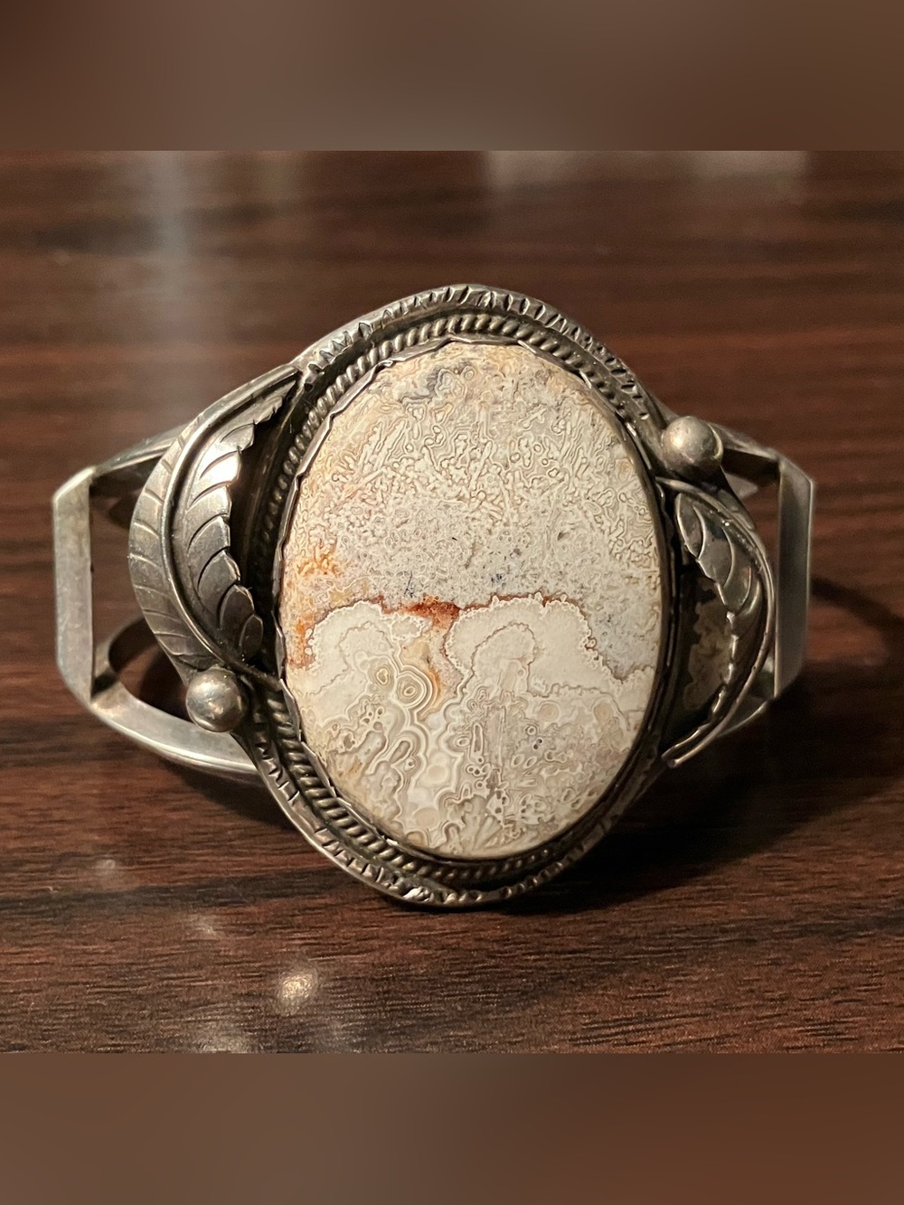 Sterling Native American Crazy Lace Agate Cuff Bracelet